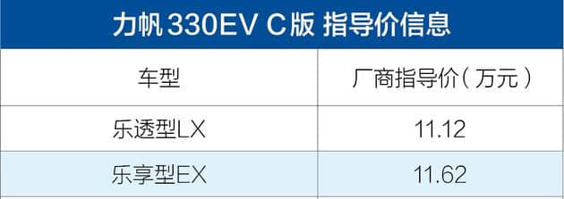 力帆330EV C版售价曝光 售11.12-11.62万元