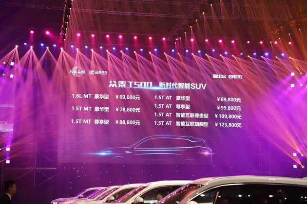 众泰T500正式上市 售价6.98-12.38万 价格高、整体没优势