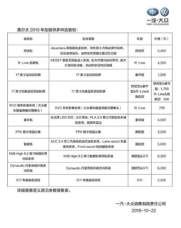 12.19万元起 疑似2019款高尔夫售价曝光 取消230TSI车型