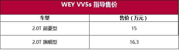 WEY VV5s上市:售价为15-16.3万元