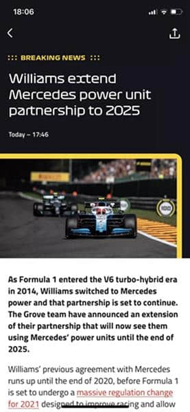 威廉姆斯和梅赛德斯将F1引擎合作关系延长到2025年